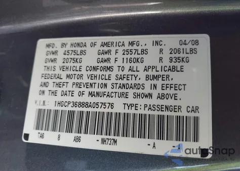2008 Honda Accord 3.5 Ex-L from USA, damaged, VIN 1HGCP36888A057576